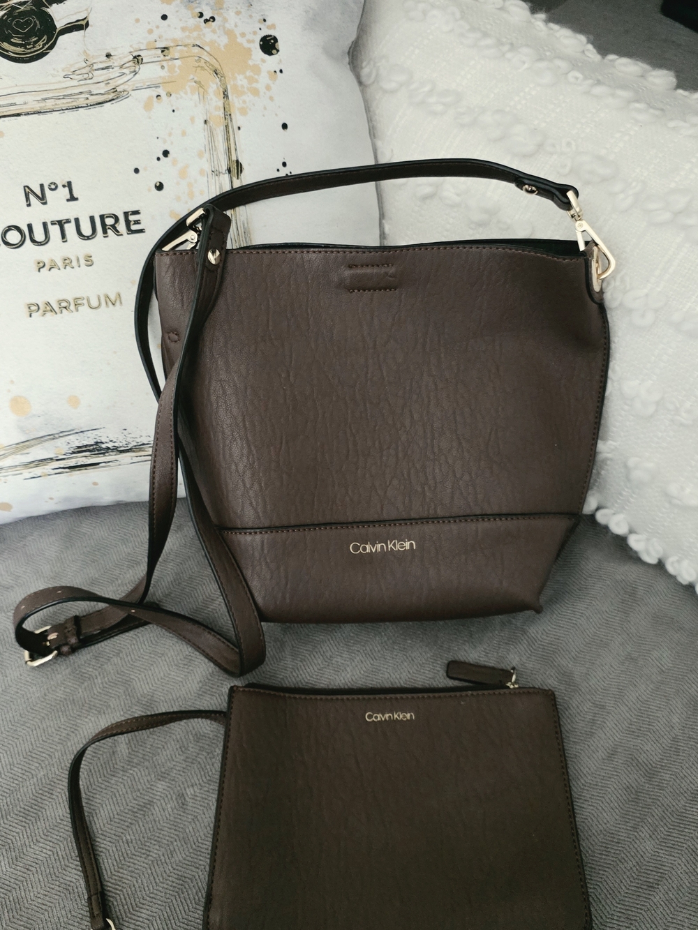 Calvin Klein Brown Faux Leather Shoulder/Crossbody Bag + Matching Pouch
